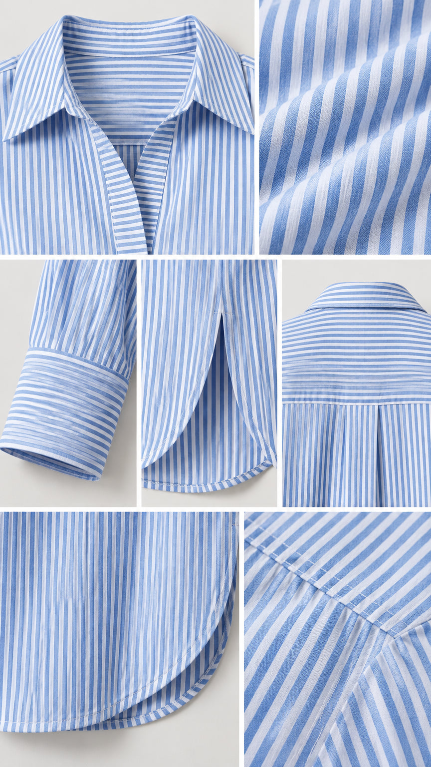 Detailed close-up collage of collar, striped fabric texture, button cuffs, and side slit hem