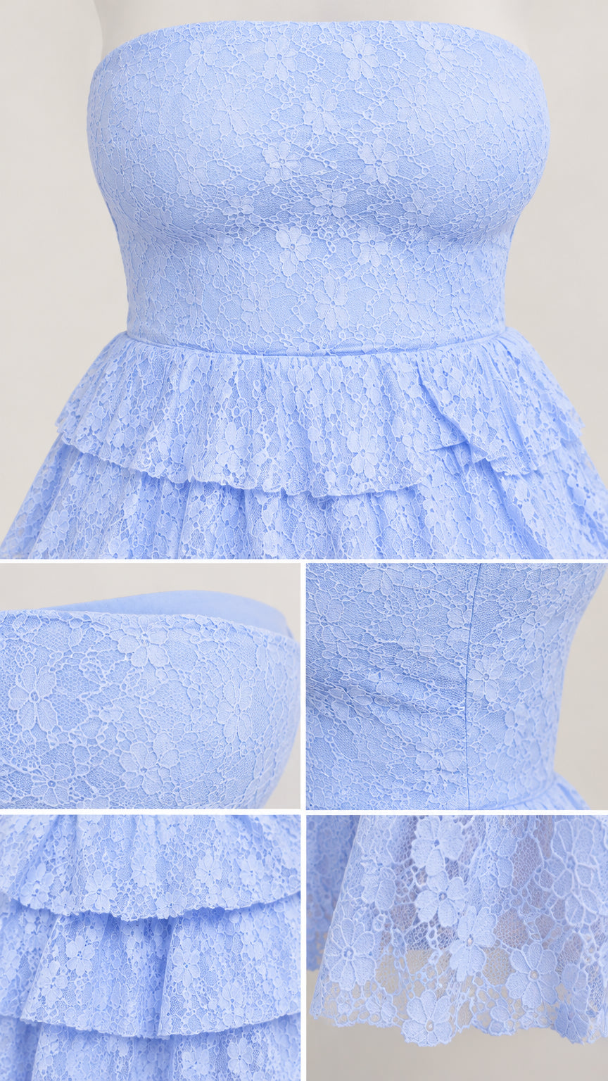Close-up detail collage showing floral lace texture and layered ruffle tiers on light blue dress