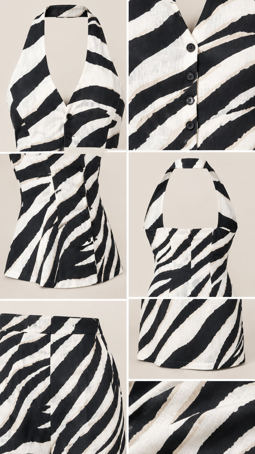 Detailed close-up views of halter neckline, button front, peplum flare, and textured zebra print fabric