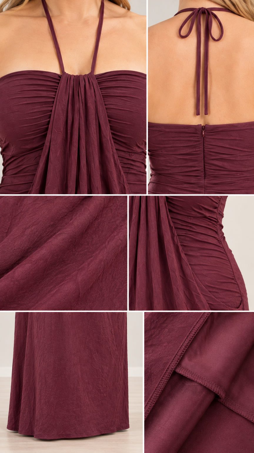Close-up details of burgundy halter tie, ruched back, fabric texture, and finished hem