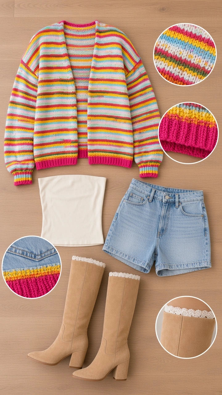 Flat lay outfit view featuring bright striped cardigan, camisole, denim shorts, and tall boots with fabric detail zooms
