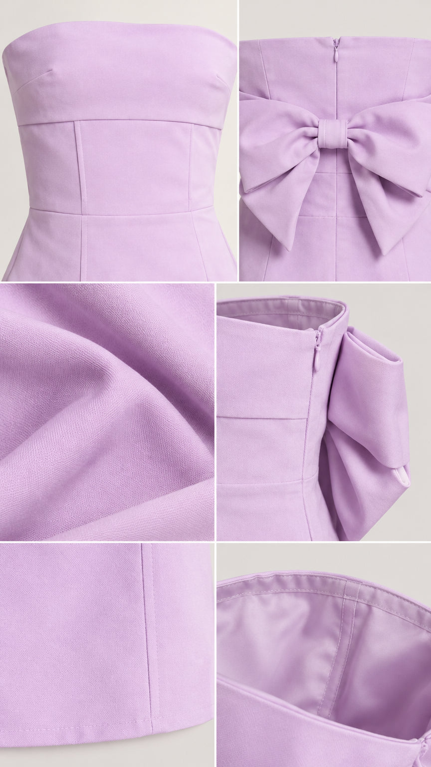 Close-up details of lilac mini dress fabric texture, zipper, and back bow construction
