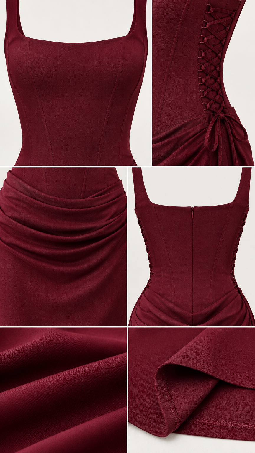 Detail view showing square neckline, corset boning, side lace-up tie, and fabric texture
