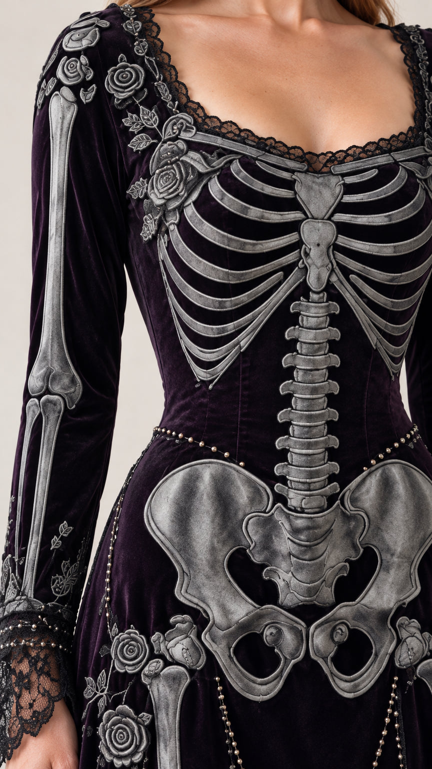 Close-up detail of skeleton ribcage and rose graphic on velvet bodice with lace trim