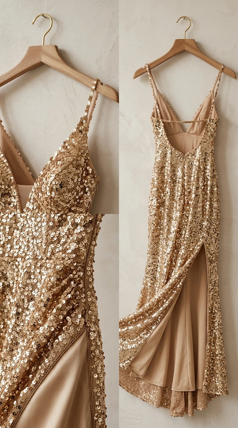 Close-up details of gold sequin embellishment, plunging neckline, and lining on hanger