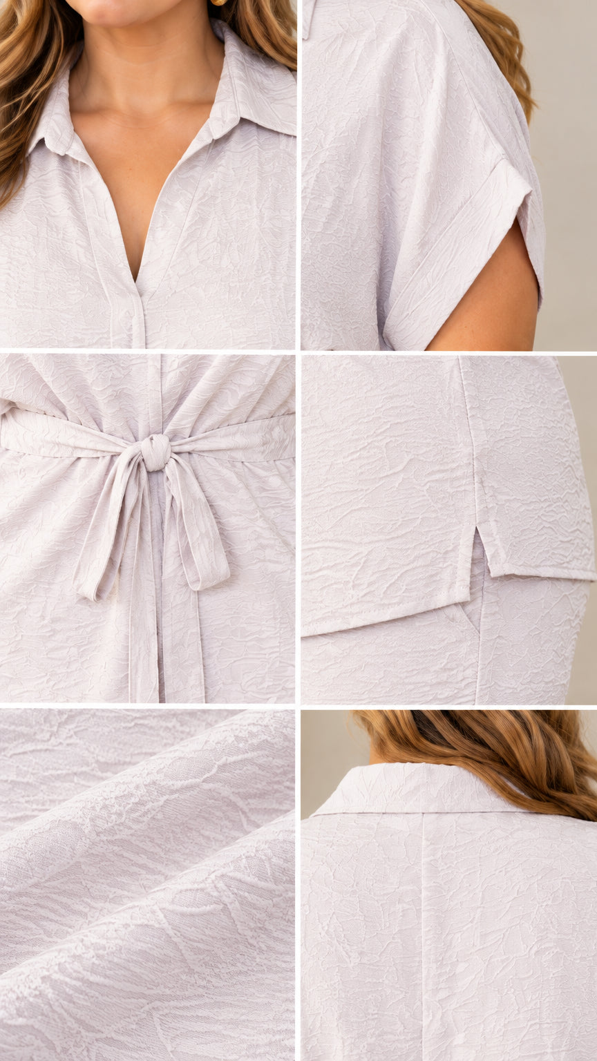 Close-up details of collar, waist tie, hem slit, fabric crinkle texture, and back collar of light grey set