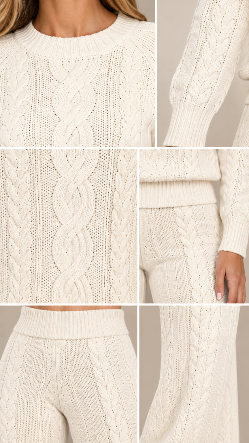 Close-up details of collar, cable knit pattern, ribbed cuffs, and waistband in cream