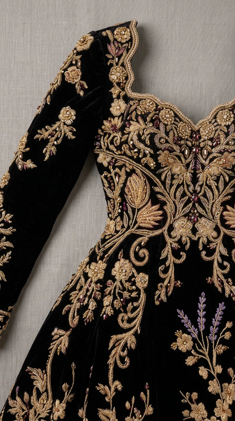 Close-up detail of metallic gold floral embroidery and sculpted neckline