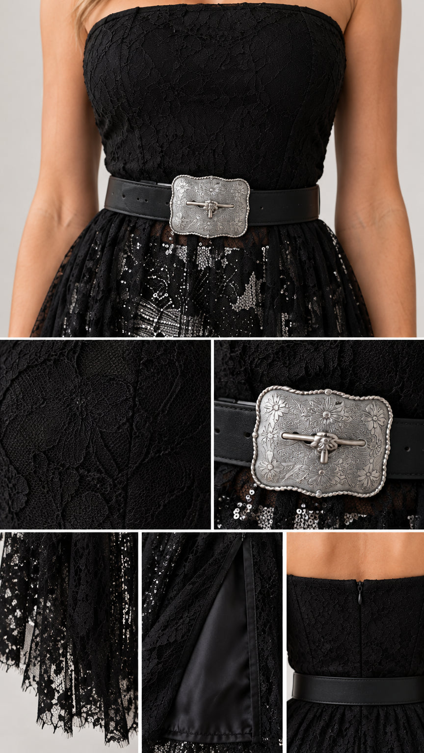 Close-up details of black lace fabric, concealed zipper, lining, and western buckle belt