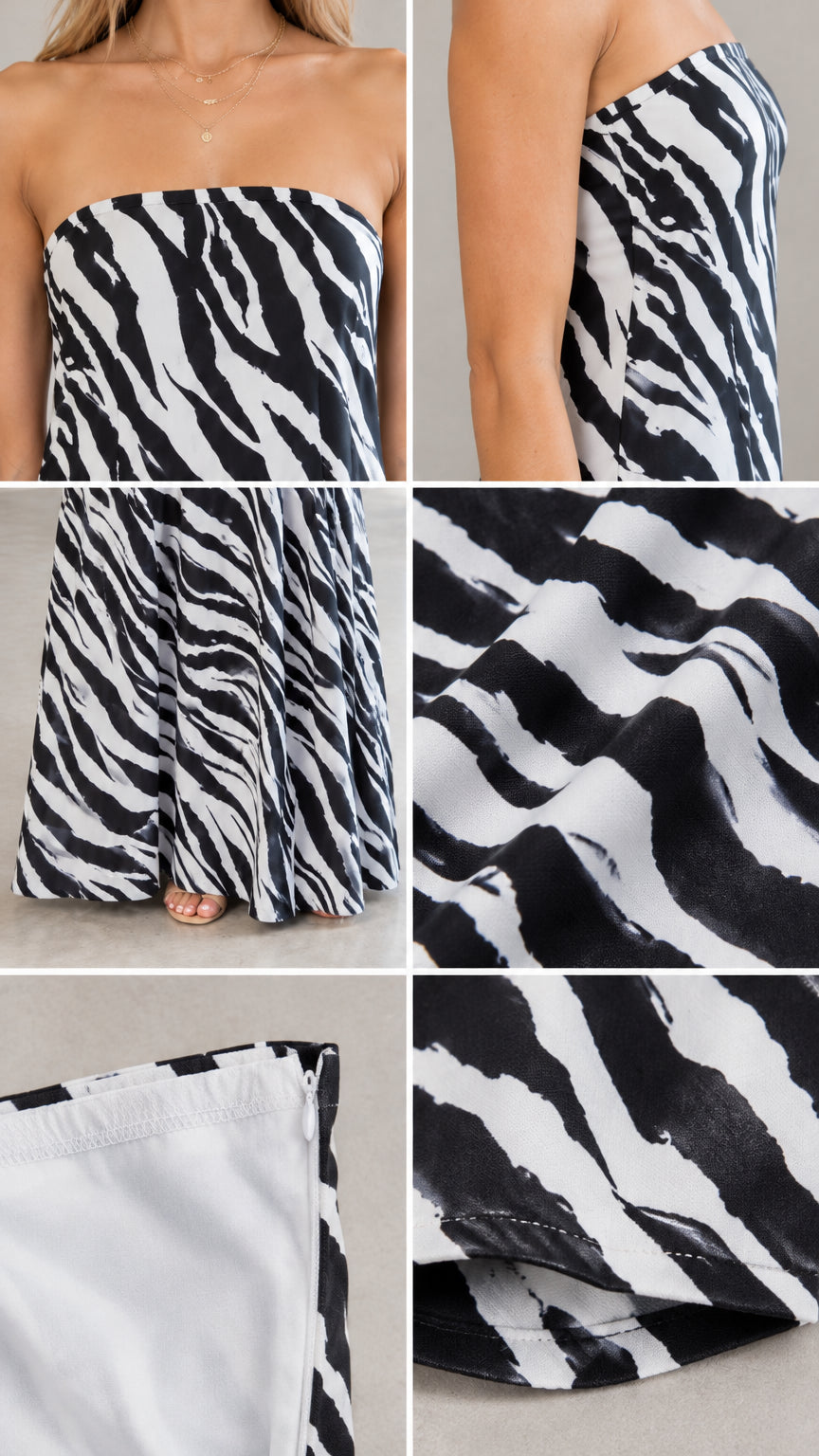 Close-up details of bodice, hemline, fabric texture, and concealed side zipper