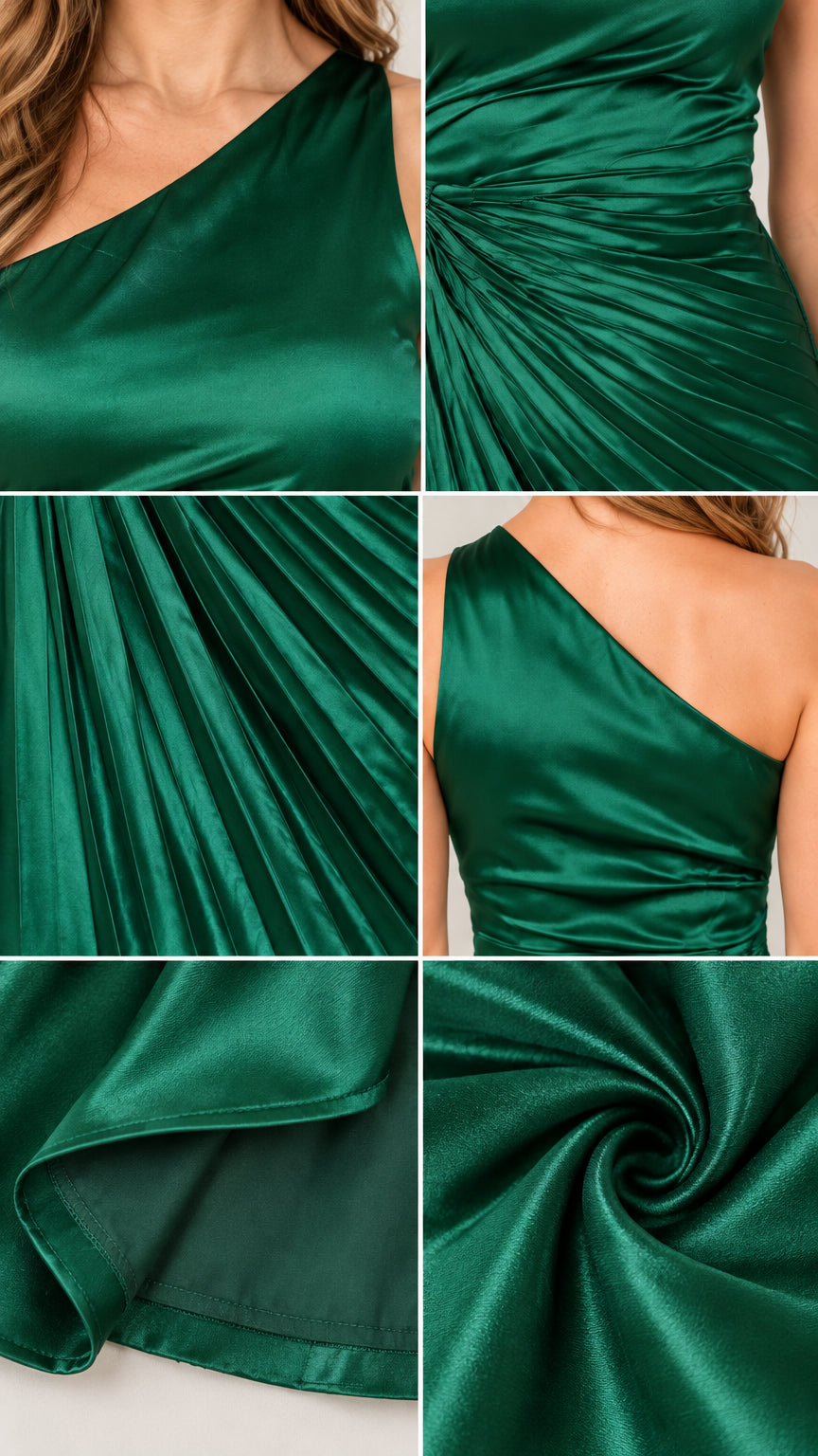 Close-up details of one-shoulder neckline, ruched waist, and pleated satin fabric