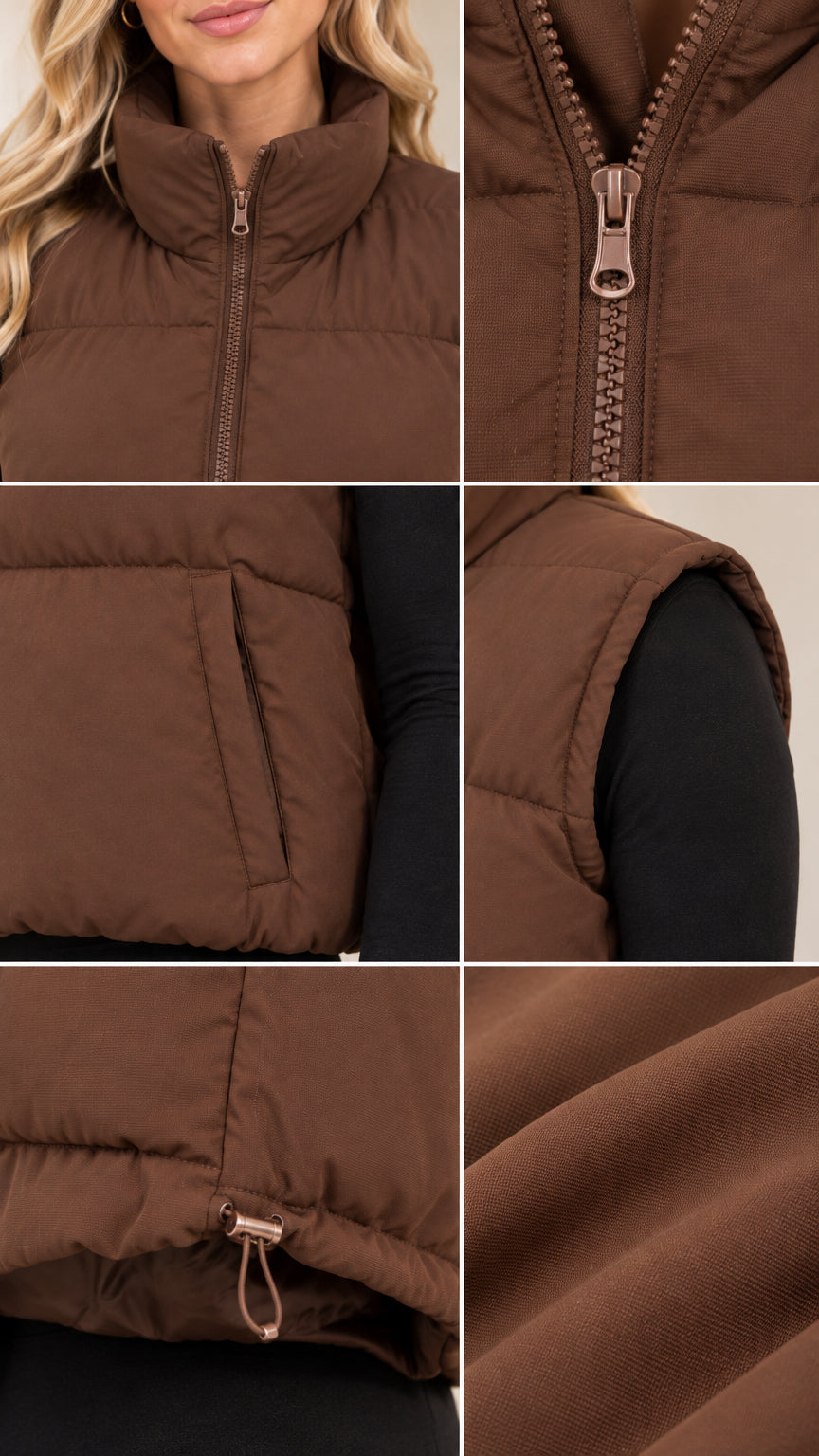 Close-up details of brown puffer vest showing stand collar, zipper, side pocket, and toggle hem