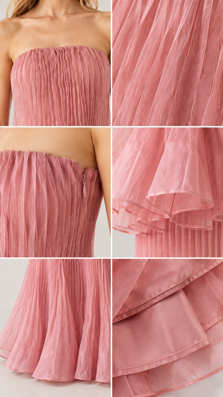 Detailed close-up panels showing pleated texture, strapless neckline, side zipper, and peplum tiers