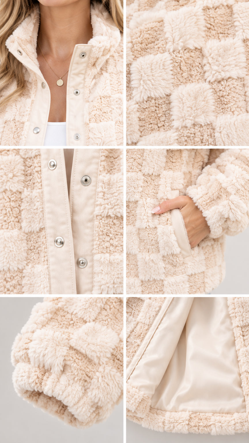 Detailed collage showing collar, snap placket, checkerboard texture, side pocket, cuff, and lining