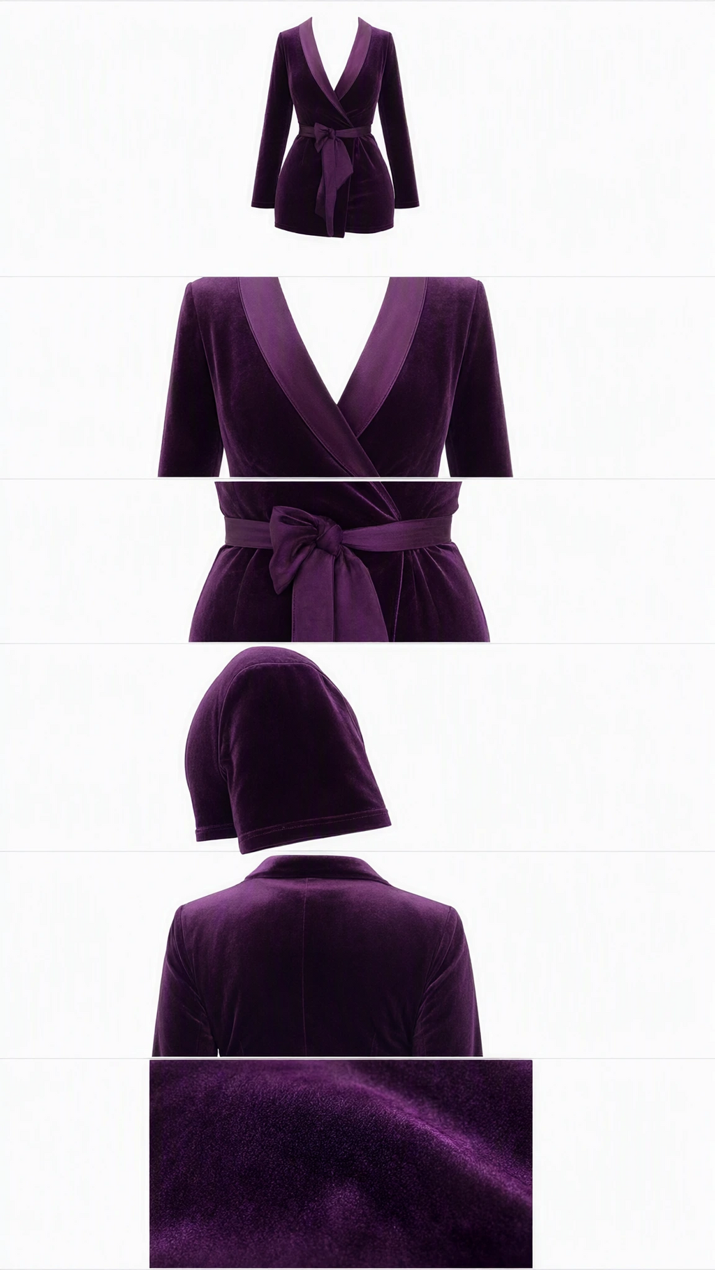 Detailed flat lay and close-up views of the purple velvet blazer romper fabric, lapel, and tie sash
