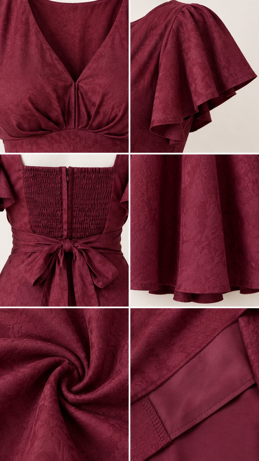 Close-up details of neckline, flutter sleeve, smocked tie back, jacquard texture, and hem lining