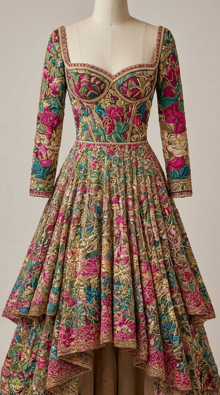 Mannequin close-up of sweetheart corset bodice with intricate multicolored botanical floral embroidery
