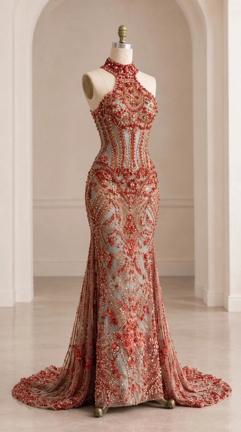 Mannequin display of rust red embellished corset-style halter gown with intricate beading