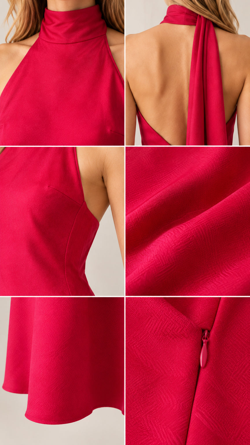 Close-up collage of neckline, open back, smooth fabric texture, and side zipper