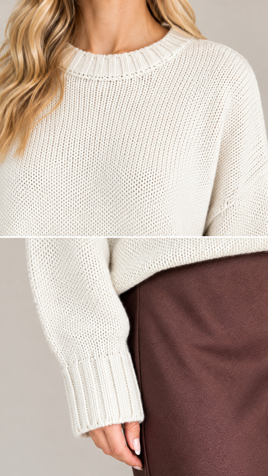 Close-up detail of textured knit sweater showing ribbed crew neckline and cuff
