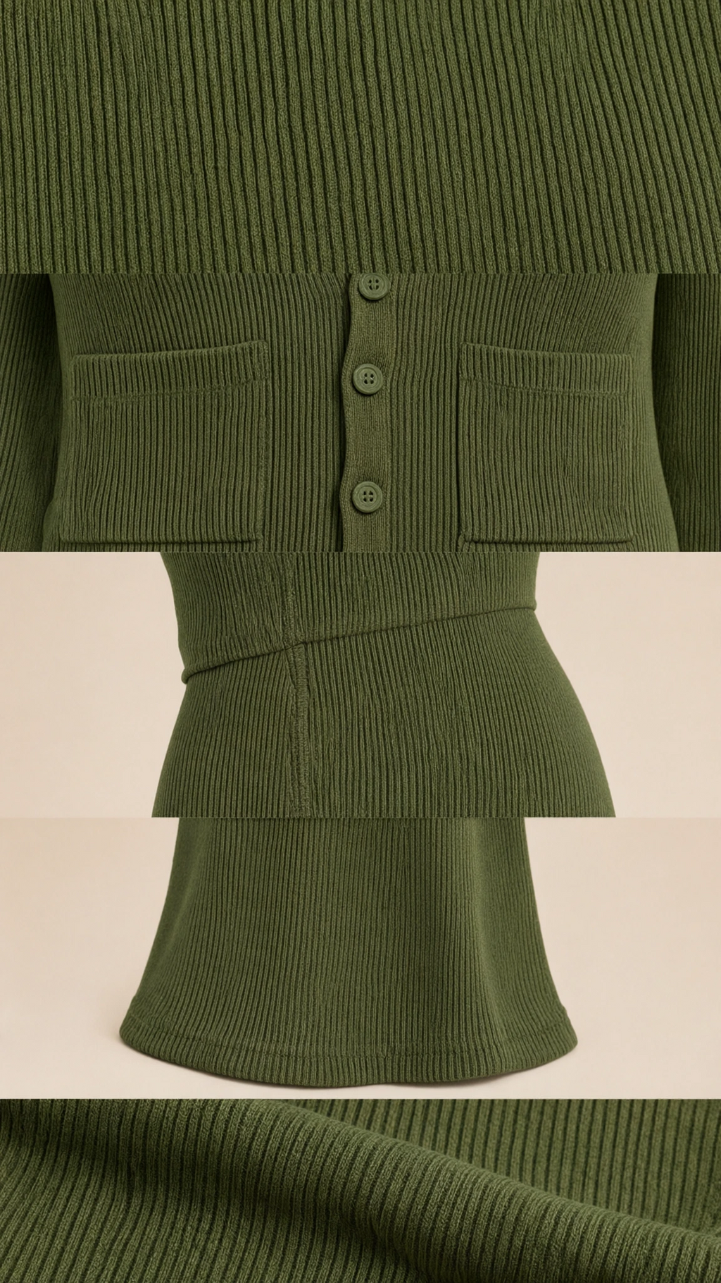 Close-up details of olive green ribbed knit buttons, patch pockets, waistband, and flared hem