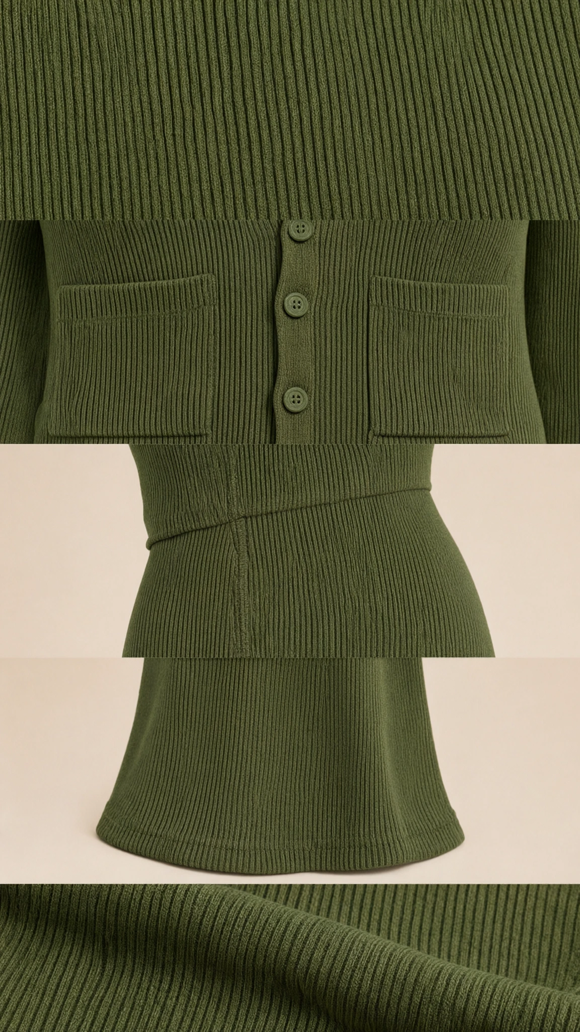 Close-up details of olive green ribbed knit buttons, patch pockets, waistband, and flared hem