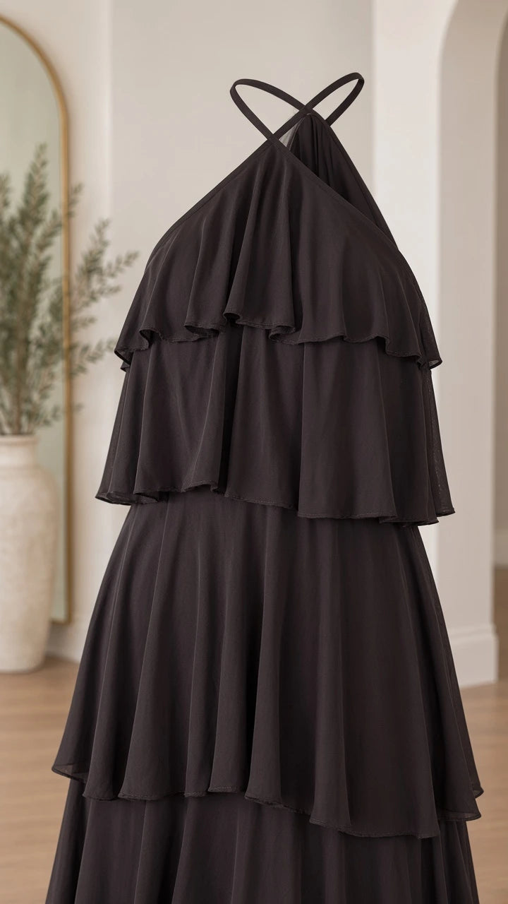 Close-up detail of black tiered ruffles and halter neckline on dress