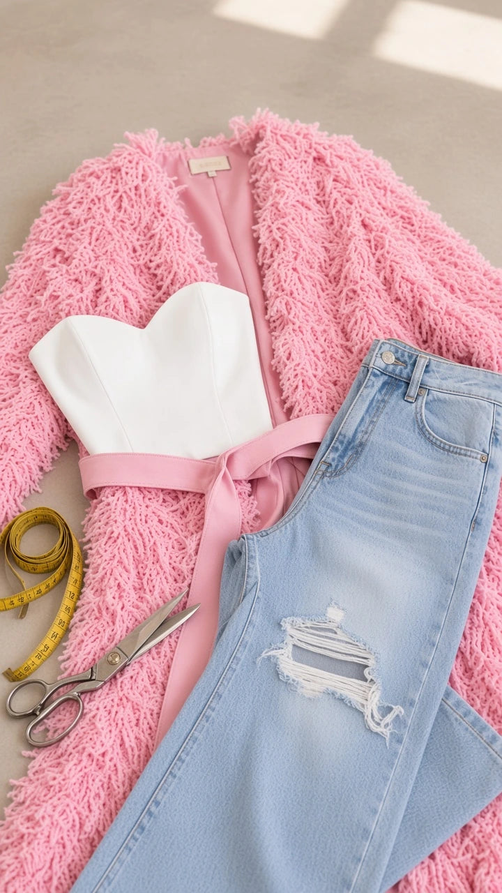 Flat lay of pink shaggy duster coat with lining, matching belt, white top, and jeans