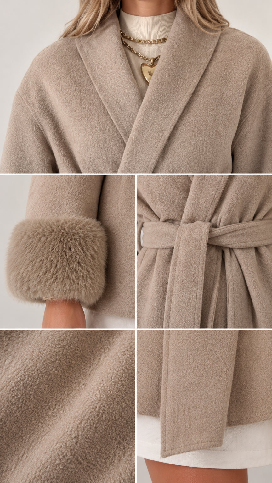 Close-up collage of coat details including shawl lapel, faux fur cuffs, fabric texture, and belt
