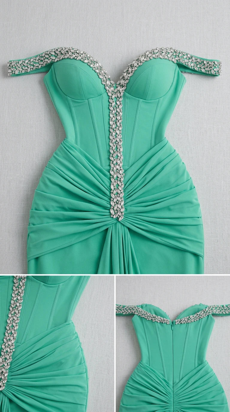Close-up details of rhinestone trim, corset boning, and ruched bodice