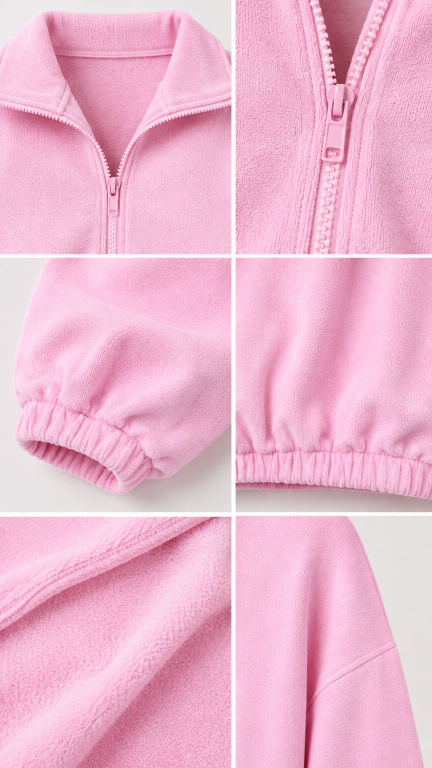 Close-up detail shots showing collar, zipper, elastic cuffs, and plush fleece texture in pink
