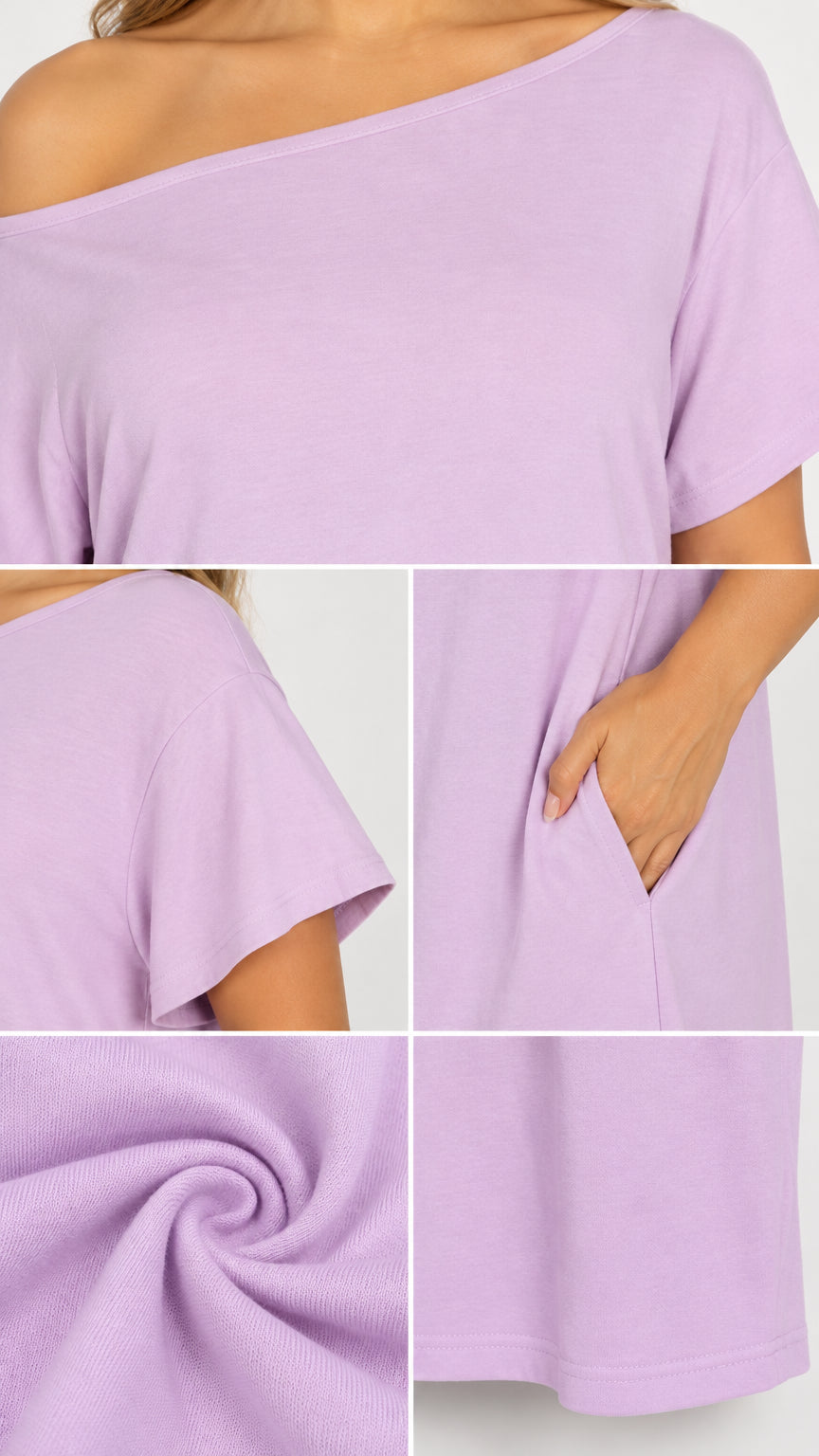 Close-up details of lavender dress showing neckline, short sleeve, pocket, and knit fabric