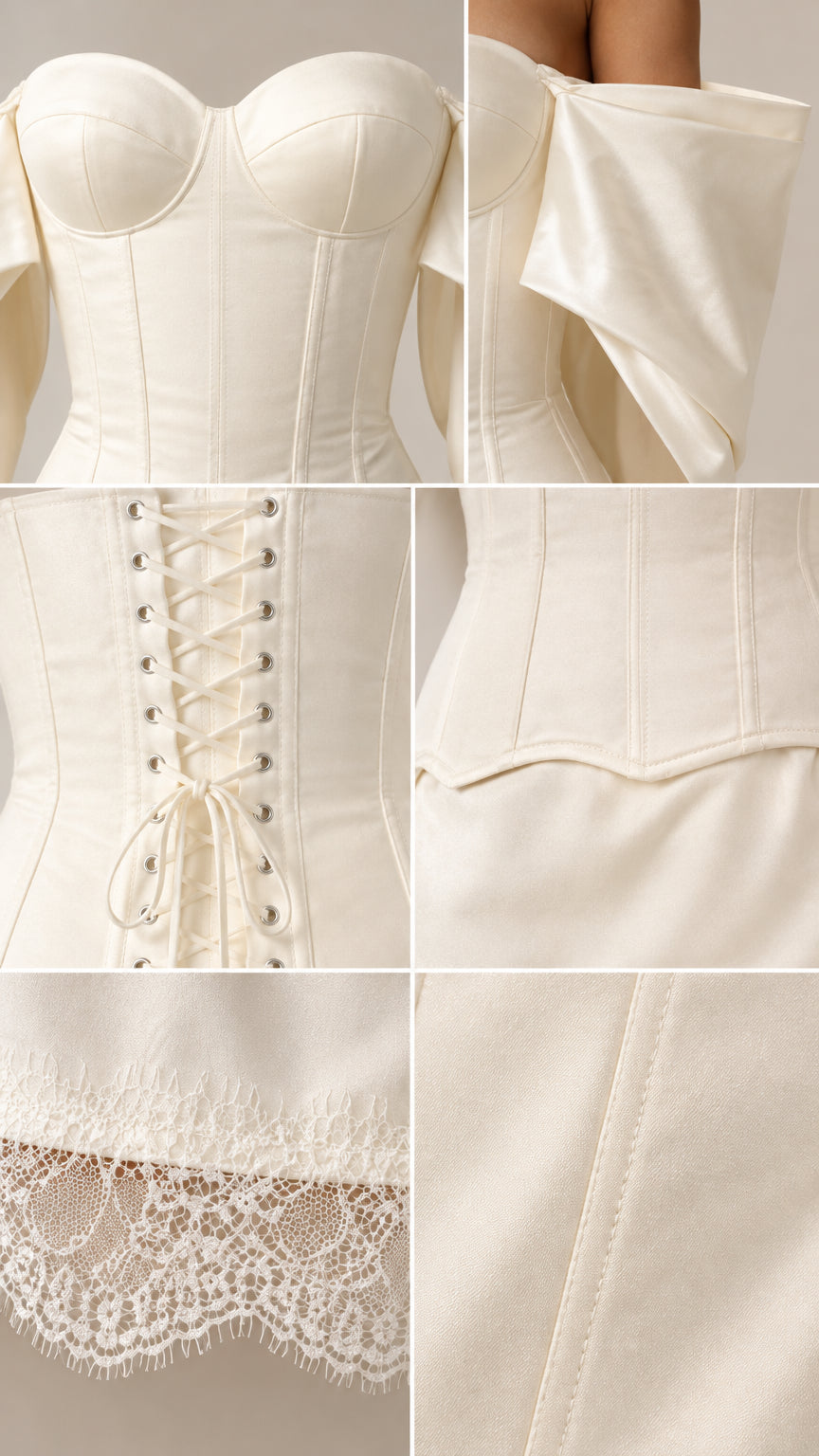 Close-up details of sweetheart bustier, draped sleeves, lace-up back, and eyelash lace hem