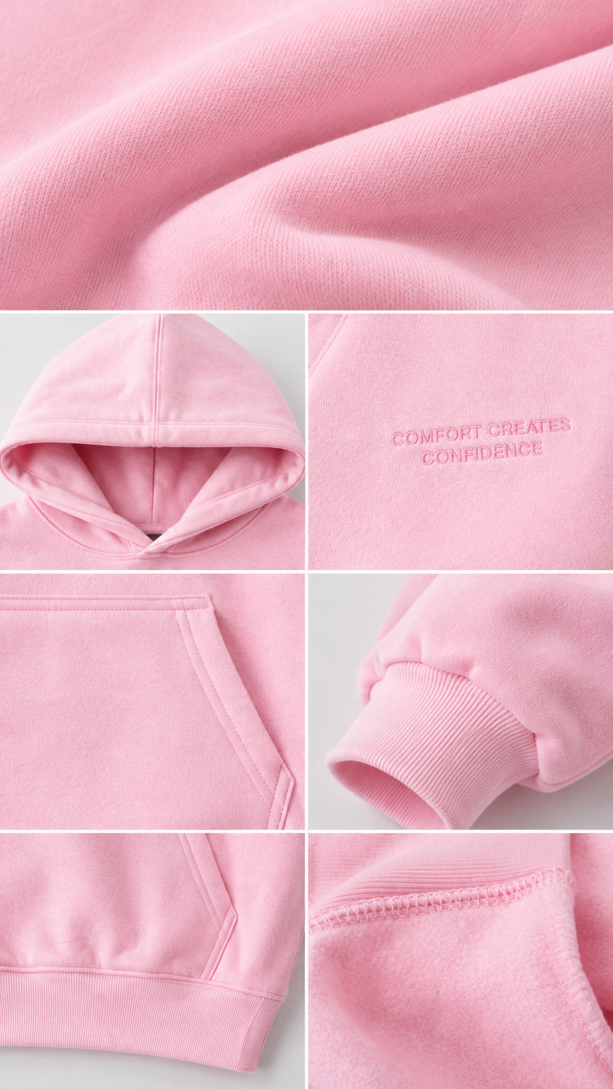 Close-up details of pink fleece fabric, hood, kangaroo pocket, and ribbed cuffs