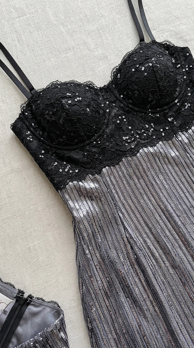 Close-up flat lay of black sequined lace corset cups and pleated silver skirt
