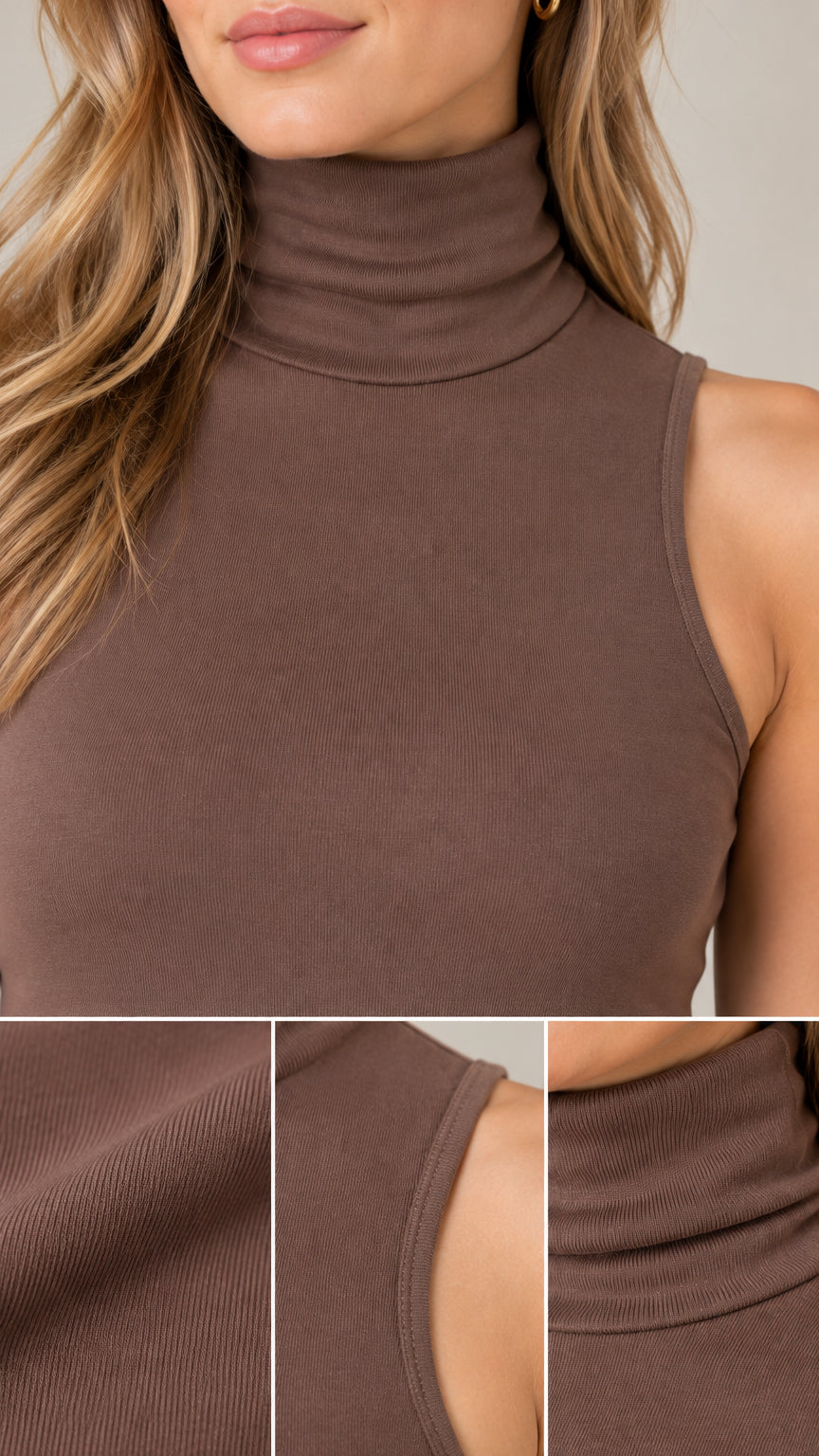 Close-up details of brown fine rib knit fabric, sleeveless armhole, and mock turtleneck collar