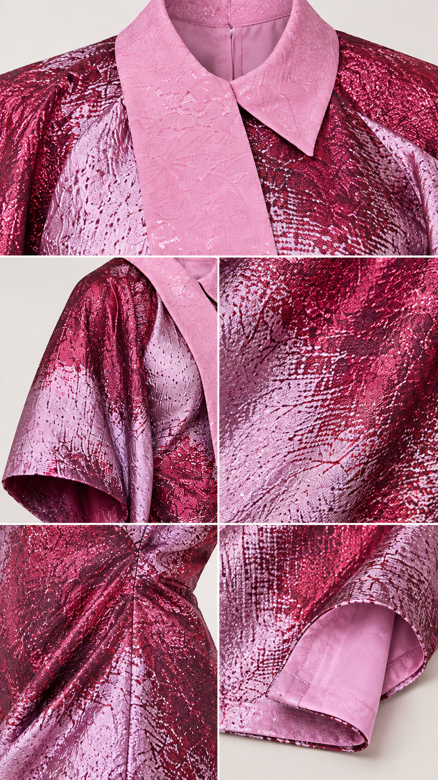Close-up collage of collared neckline, cold-shoulder sleeve drape, side tuck detail, and hemline finish