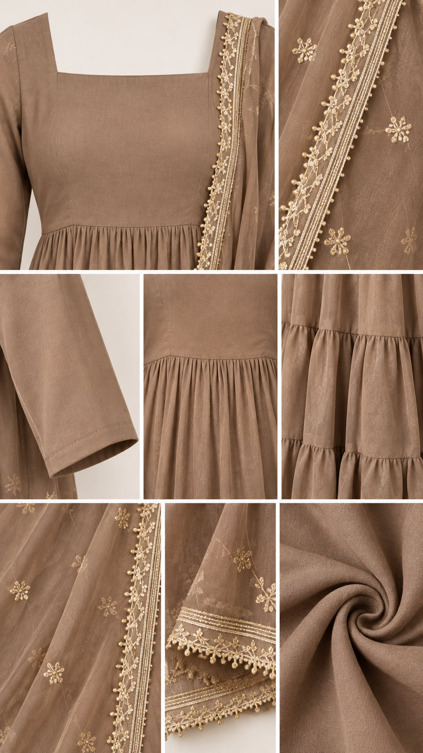 Close-up details of square neckline, tiered gathers, sleeve cuffs, and floral embroidered trim