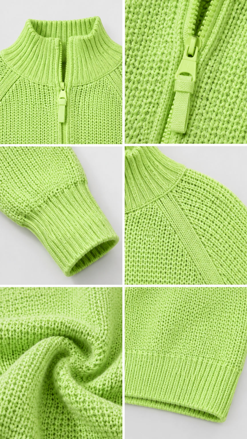 Close-up collage of lime green knit texture, zipper detail, ribbed collar, and cuffs