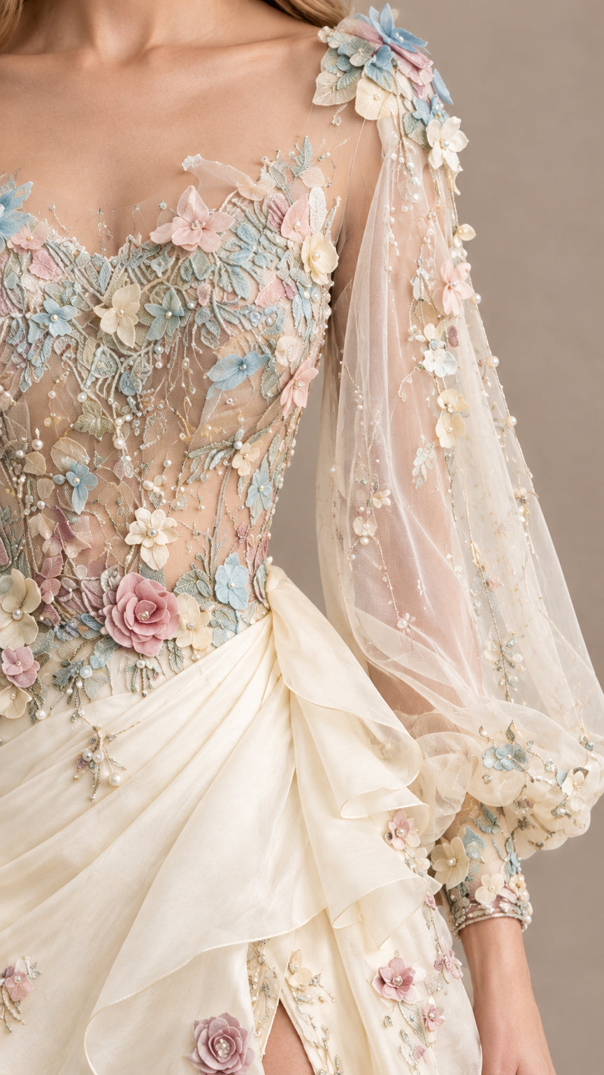 Close-up detail of 3D pastel floral appliqués and sheer bodice embroidery