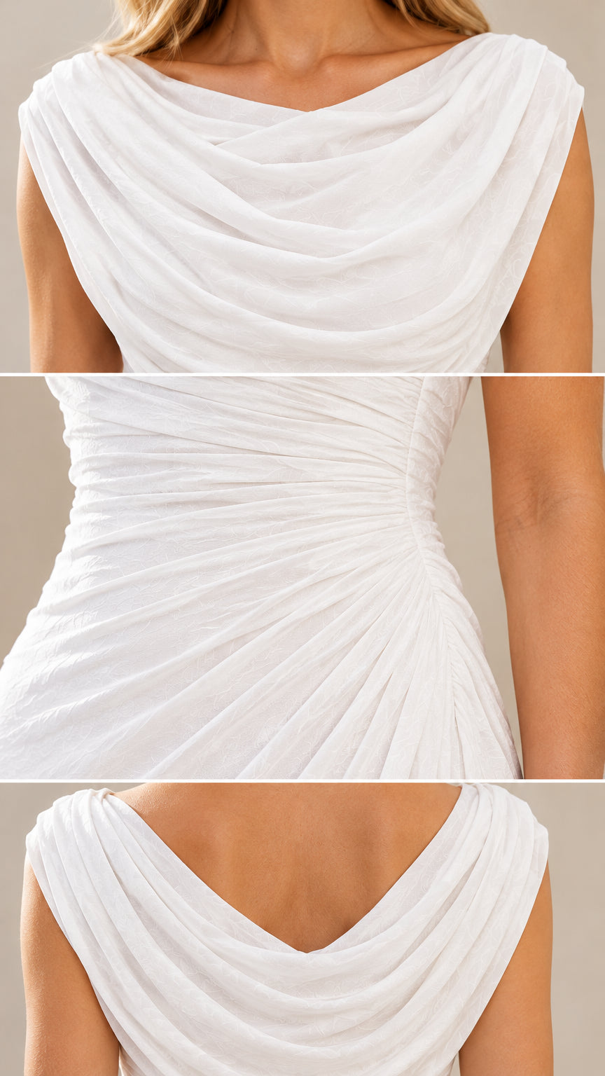 Detailed close-ups of cowl neckline, waist ruching, and draped back