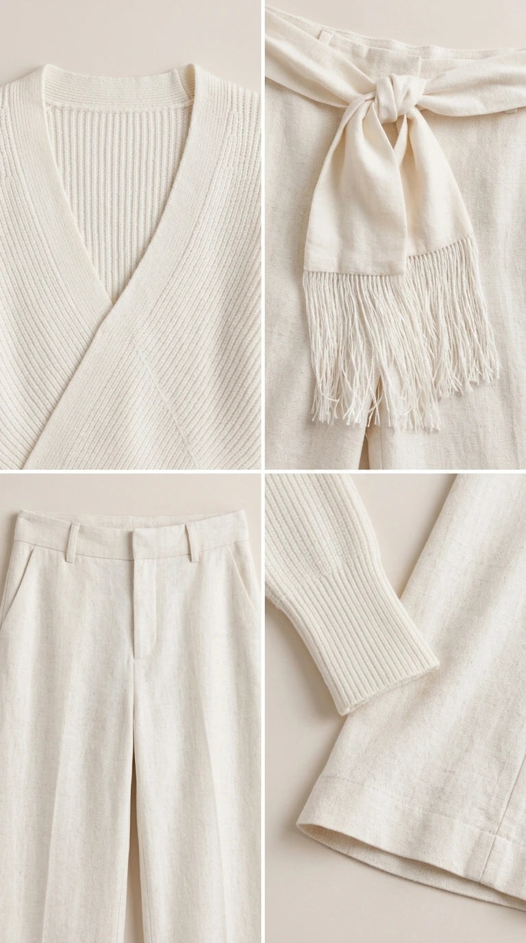 Close-up details of ribbed V-neckline, fringed tie sash, and trouser hem in cream