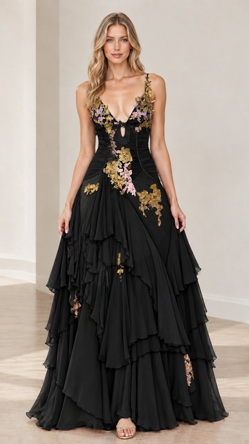 Front full-length view of model in black tiered ruffle maxi evening gown with gold embroidery