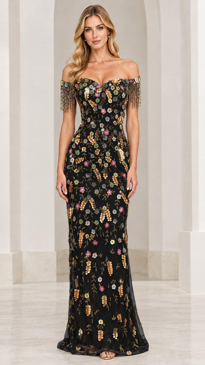 Model wearing black colorway of the floral sequin off-the-shoulder evening gown