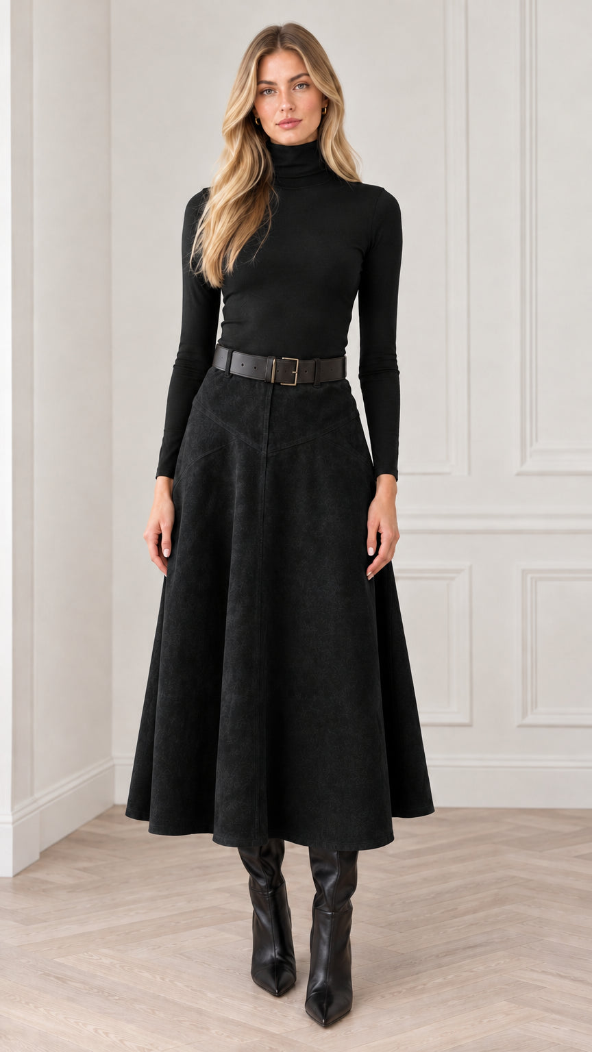 Model wearing black suede-touch A-line midi skirt with matching belt