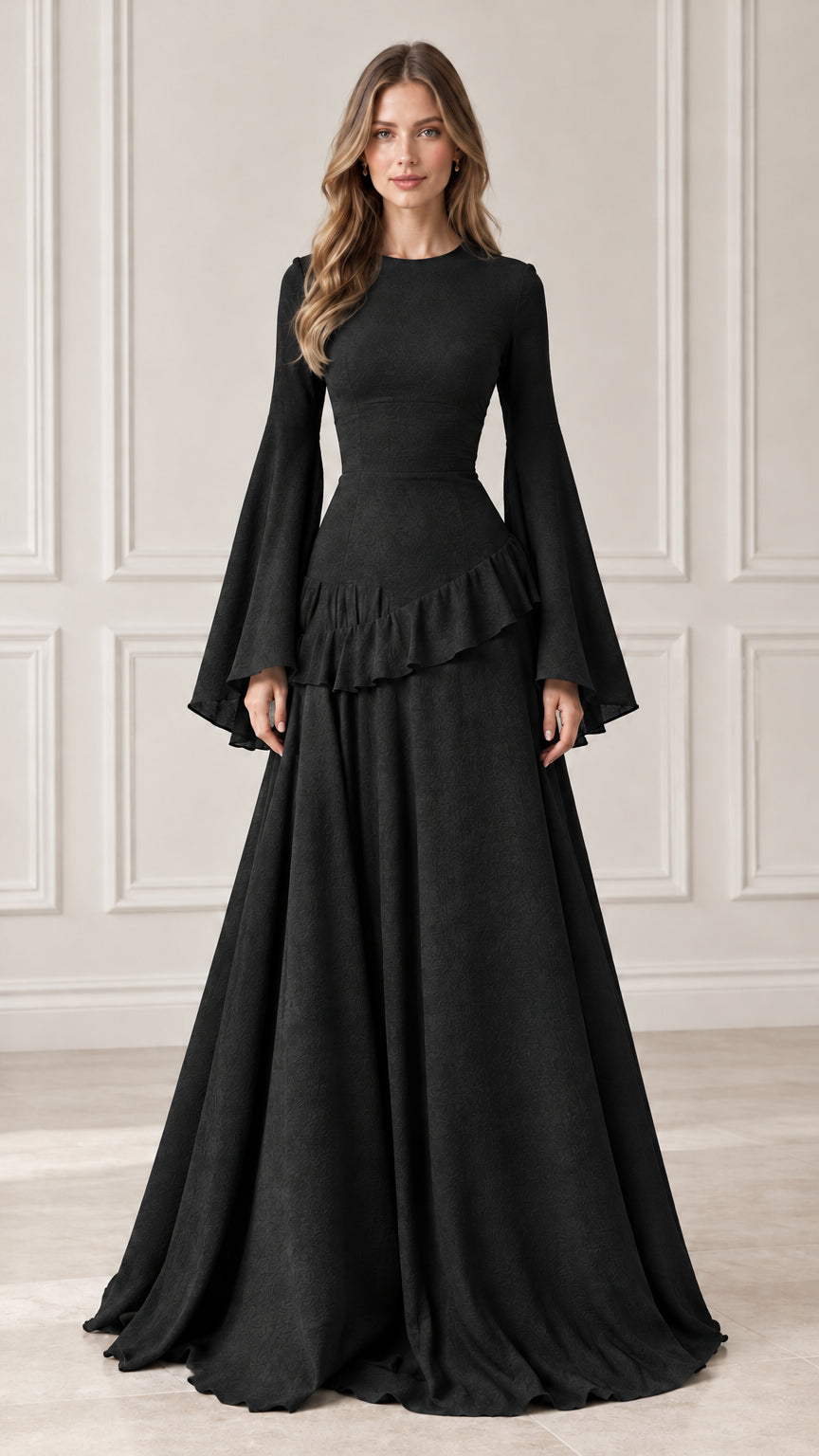 Front full-length view of black flare sleeve tiered ruffle maxi dress
