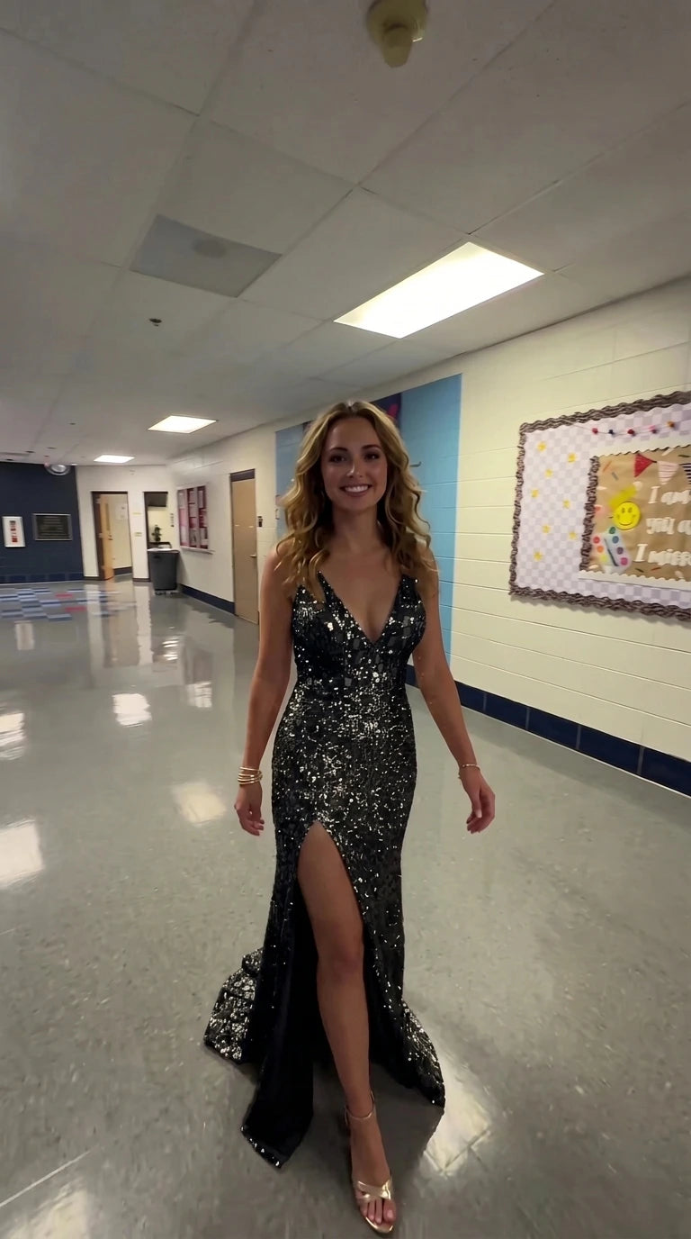 Model wearing black sequin plunging V-neck evening maxi dress with slit