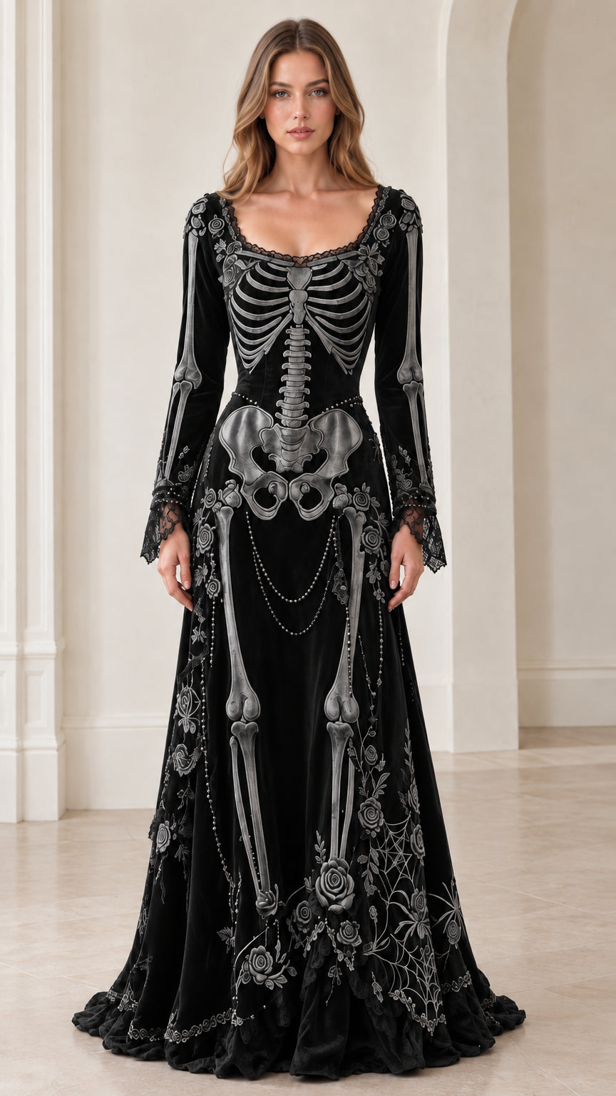 Black velvet gothic skeleton print long sleeve maxi dress front view