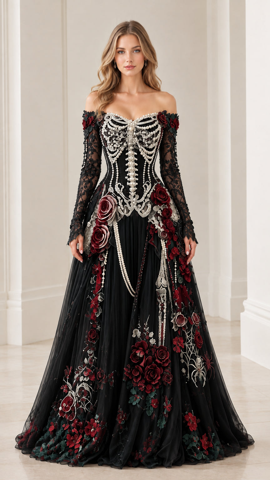 Black off-the-shoulder beaded corset evening gown with burgundy floral accents
