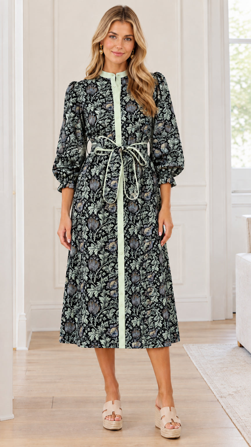 Front view of woman wearing charcoal black floral print button-front midi dress